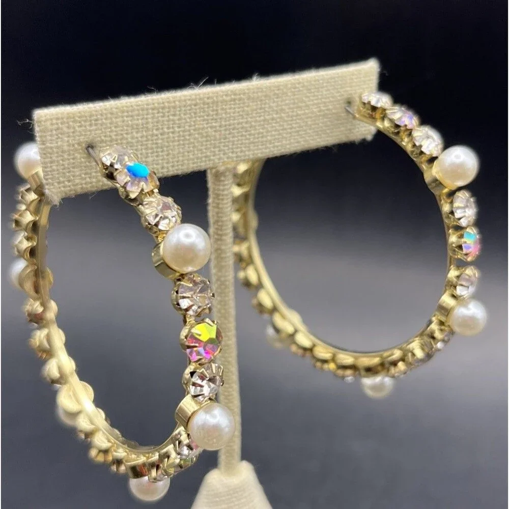 Big Bold Glam Hoop Earrings Faux Pearl Aurora Borealis Clear Rhinestone Goldtone
